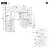 A diagram showing the dimensions of a white loft bed with a desk and cabinet. Voir les images du produit