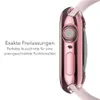 A close-up side view of a rose gold Apple Watch case with a pink band, next to descriptive text. Produktbild-Vorschau