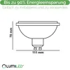 A diagram of a light bulb with dimensions and marketing text. Produktbild-Vorschau