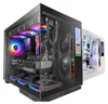 Two computer cases, one black and one white, are shown side-by-side. The black case is in the foreground and is transparent, showing the internal components and RGB lighting. The white case is in the background and is also transparent, revealing its intern Produktbild-Vorschau