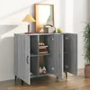 A gray wooden sideboard with its doors open, displaying shelves with decorative items and books. Produktbild-Vorschau