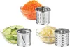 Three bowls of shredded vegetables and sliced cucumbers with corresponding graters. Produktbild-Vorschau