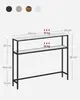 A dimension diagram for a narrow console table with two shelves, showing various measurements and weight capacities. Náhled obrázku produktu