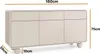 A modern, beige sideboard with three drawers and three doors, shown with dimensions indicated by text overlays. Produktbild-Vorschau