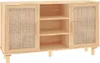 A wooden sideboard with rattan inserts on the doors, shown from the front on a white background. Náhled obrázku produktu