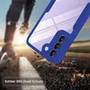 A person running in the background with a phone case in the foreground, showing its camera lenses and a protective edge. Produktbild-Vorschau