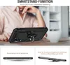 A person's hands are visible in the background, holding a black smartphone case with a ring stand. The case is displayed on a table next to a white mug. Below this main image are two smaller images showing the case from different angles and highlighting it Produktbild-Vorschau