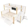 A white and wood bunk bed with stairs and drawers, shown from a slightly elevated diagonal angle against a white background. Produktbild-Vorschau