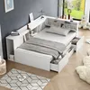 A white modular bed frame with integrated shelving and drawers, set up in a bedroom with a window view. Náhľad obrázku produktu