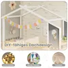 A child's bed frame designed to look like a house, decorated with a banner and lights. Náhled obrázku produktu