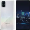 A split image showing the front and back of a Samsung Galaxy A71 smartphone. The back is white with a camera module, and the front displays a city skyline at night. Produktbild-Vorschau
