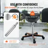 A black saddle stool with wheels, shown in a salon or spa setting. Text overlays highlight product features and certifications. Produktbild-Vorschau