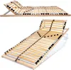 Two images of a wooden slatted bed base, one showing it in a slightly raised position with a metal support, and the other showing it fully extended. Produktbild-Vorschau