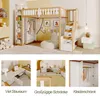 A collage of images showcasing a children's loft bed with integrated storage, wardrobe, and desk, along with close-ups of its features and storage solutions. Anteprima dell’immagine prodotto