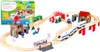 A wooden train set with various accessories, including buildings, a helicopter, and a train, arranged on a track. Náhled obrázku produktu