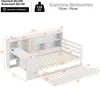 A diagram showing the dimensions of a white wooden bed frame with a pull-out trundle and integrated shelving and desk. Produktbild-Vorschau
