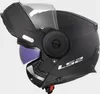 A black LS2 motorcycle helmet with the visor and chin bar open, shown against a plain light gray background. Voir les images du produit