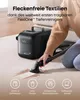A person uses a portable carpet cleaner on a stained carpet, with icons illustrating different stain types below. Náhled obrázku produktu