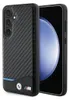 A black phone case with a carbon fiber texture and BMW branding is shown next to a smartphone. Produktbild-Vorschau