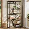 A tall, multi-shelf industrial-style bookshelf filled with decorative items and books, placed next to a window with curtains. Podgląd zdjęcia produktu