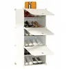 A white modular shoe rack with several compartments, some open and some closed, displaying various shoes. An orange and black striped bag sits on top. Náhľad obrázku produktu