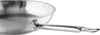 A close-up view of a stainless steel frying pan handle and part of the pan's rim, set against a white background. Produktbild-Vorschau