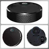 A collage of images showing a black robot vacuum cleaner from different angles, including its top, side, and underside with close-ups of its wheels. Produktbild-Vorschau