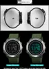 The image shows two SKMEI digital watches, one in normal display mode and the other in EL light display mode. The top half of the image shows the side view of two watches, labeled 'Left' and 'Right'. Produktbild-Vorschau