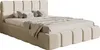 A bed with a headboard and frame upholstered in light beige chenille fabric, with pillows and a throw blanket on top. Produktbild-Vorschau
