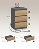 A diagram showing the dimensions of a nightstand with drawers, along with a separate diagram of two different drawers with their dimensions. Produktbild-Vorschau