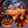 A house decorated with Christmas lights in the snow, with close-up insets of the lights. Produktbild-Vorschau