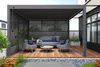 An outdoor living space with a modern pergola, featuring comfortable seating and a coffee table on a wooden deck. Náhled obrázku produktu