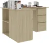 A corner desk with drawers and shelves, stacked with books. Produktbild-Vorschau