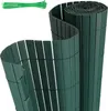 Two rolled-up green privacy screens and a bundle of green zip ties on a white background. Produktbild-Vorschau