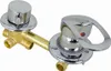A chrome and brass shower faucet mixer with two controls and multiple outlets. Produktbild-Vorschau