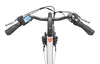 A close-up, front-facing view of an electric bicycle's handlebars and front fork, set against a plain white background. Produktbild-Vorschau