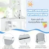 A white children's art desk and chair set is shown with various features highlighted by text and close-up images. Produktbild-Vorschau