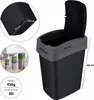 A collage of product images showing a black and gray trash bin with dimensions, a close-up of the bin's corner, and a set of colorful stacking bins. Podgląd zdjęcia produktu