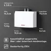 A white mini water heater is mounted on a dark gray wall, with dimensions and features listed around it. Produktbild-Vorschau