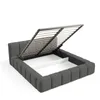 A grey upholstered bed frame with the mattress support mechanism open, revealing storage space underneath. Produktbild-Vorschau