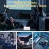 A collage of images showing a projector being used in various settings: a business meeting, a group playing video games, an outdoor movie night, and a home theater setup. Produktbild-Vorschau