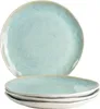 A stack of four plates with a light blue speckled glaze and a tan rim, presented on a white background. Produktbild-Vorschau