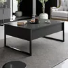 A modern living room scene featuring a black coffee table with books and a coffee press on it, set on a gray rug in front of a large window with potted plants and a white armchair in the background. Produktbild-Vorschau