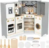 A wooden corner kitchen playset for children, complete with accessories, set against a light gray background. Produktbild-Vorschau