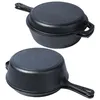 Two views of a black cast iron pot with a lid and a frying pan, shown against a white background. Náhled obrázku produktu