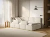 A modern, minimalist bedroom with a light beige bouclé sofa bed, a small wooden side table with a glass on it, and sheer curtains. Náhľad obrázku produktu