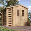 A wooden garden shed with a log store attached, set in an outdoor environment with trees and a paved patio. Produktbild-Vorschau
