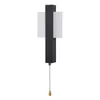 A black modern wall lamp with two white rectangular shades, shown against a white background. A pull chain with a wooden knob hangs from the bottom. Anteprima dell’immagine prodotto