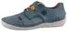 Das Bild zeigt einen blauen flachen Schuh von der Seite. Der Schuh hat eine schlichte Form und scheint aus einem weichen Material gefertigt zu sein. Produktbild-Vorschau