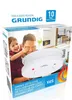 The image shows the packaging of a Grundig smoke detector, featuring a family scene and product details. Produktbild-Vorschau